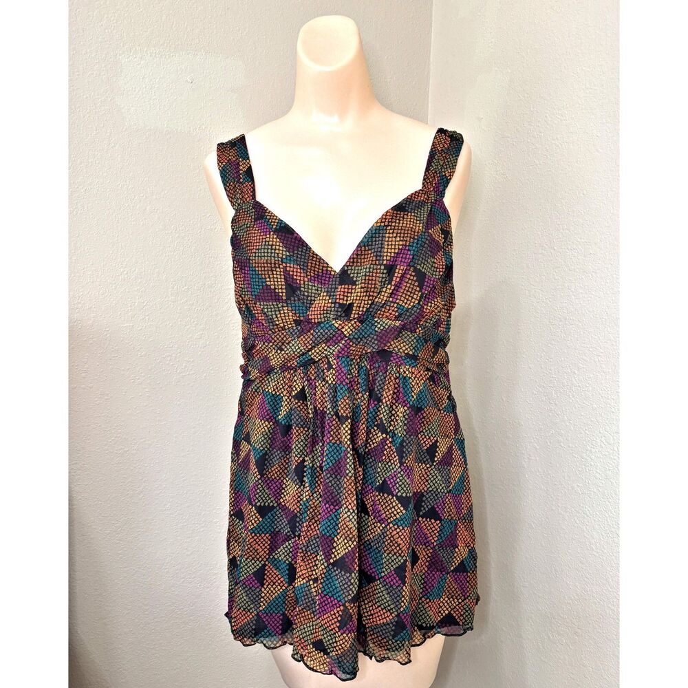 Womens Sheer Geometric Tank Top Medium Abstract Preppy Boho Layering Summer